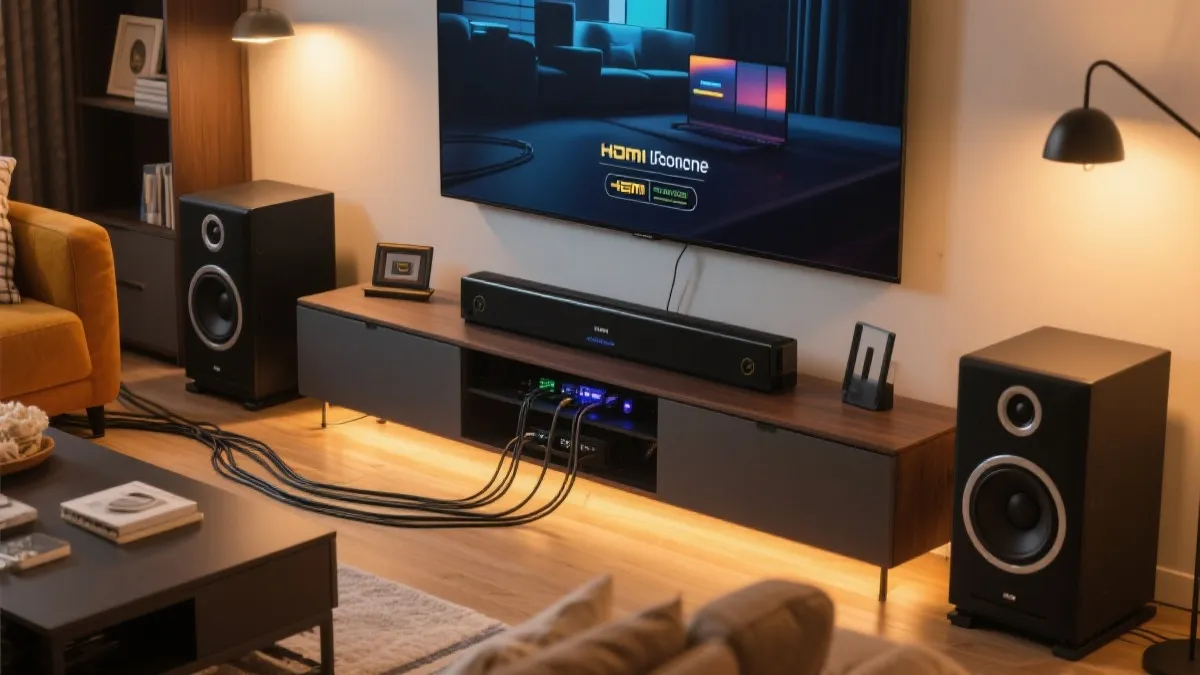 电视通过HDMI eARC连接回音壁与低音炮的客厅观赛布置示意，线材整洁