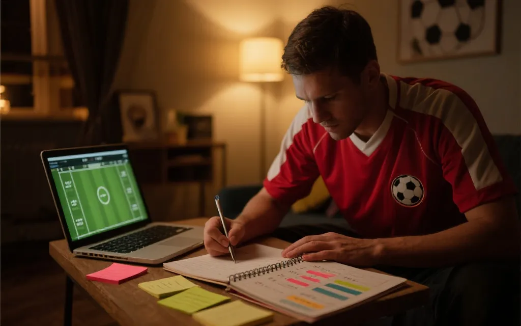 球迷在笔记本上整理比赛信息与预测要点的画面，强调把免费观点整合成个人策略