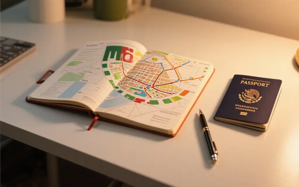 球迷在桌前摊开行程本与城市地图，规划前往墨西哥观赛的路线，温暖灯光